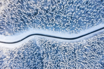 Aerial view on the road and forest at the winter time. Natural winter landscape from air. Forest under snow a the winter time. Landscape from drone - Powered by Adobe
