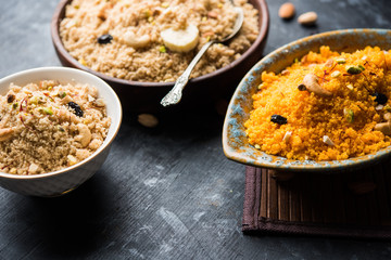 Badaam kesar shira / Sheera or almond saffron halwa, popular Indian dessert served in a bowl. selective focus