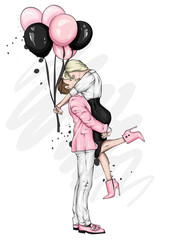 Beautiful couple with balloons in the shape of hearts. A girl in a dress and high-heeled shoes and a man in a coat and trousers. Valentine's Day, love and relationships. Vector illustration. 