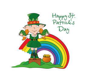 Vector leprechaun girl on stump with a pot of gold coins near the rainbow. Happy St. Patricks Day.  March 17.