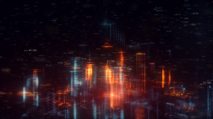 3d rendered abstract futuristic night city concept. Transparent business skyscrapers made of bright particles. Hologram buildings. Interface elements. Architectural digital technology structure