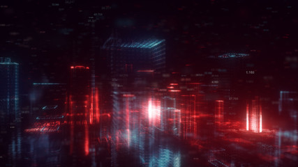 Naklejka premium 3d rendered abstract futuristic night city concept. Transparent business skyscrapers made of bright particles. Hologram buildings. Interface elements. Architectural digital technology structure