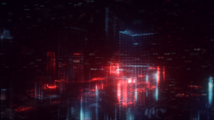 3d rendered abstract futuristic night city concept. Transparent business skyscrapers made of bright particles. Hologram buildings. Interface elements. Architectural digital technology structure