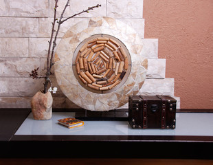 Home Decoration, A Table with Cherry branches in a Vase, lamp and a Treasure Chest 