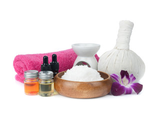 Spa set Towel,candle,oil,Salt,herbal compress,orchid flowers and beauty treatment isolated on white...