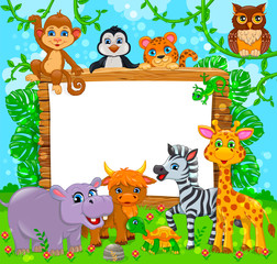 Cute animals near wooden board and blank white banner