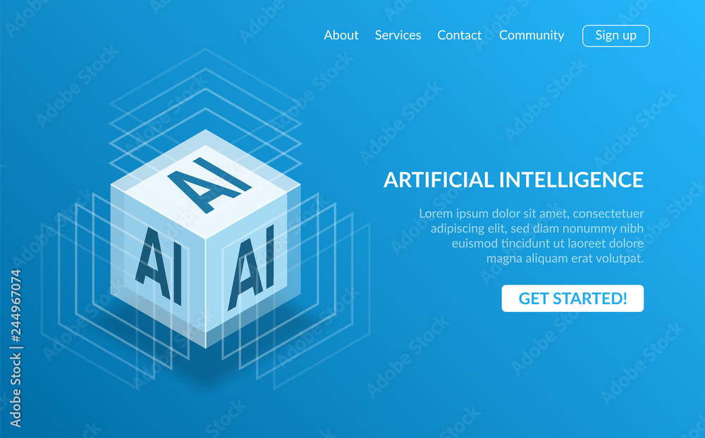 Poster 3d isometric view of cubic shape ai processor chip with glowing blue for artificial intelligence lan