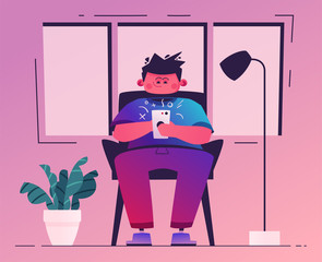 Man hold smartphone. Cartoon vector illustration. Character design