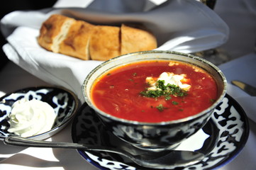 A bowl of borscht, a Russian style beet soup
