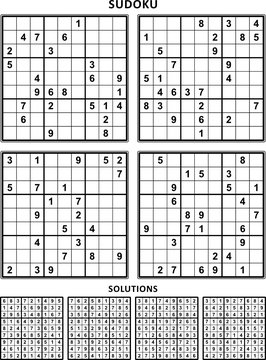 Four sudoku puzzles of comfortable (easy, yet not very easy) level, on A4 or Letter sized page with margins, suitable for large print books, answers included. Set 8.
