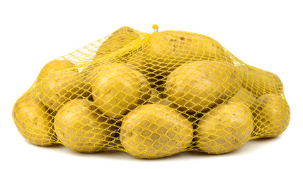  potatoes in netting sack on white background