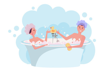 Young couple in shower caps taking a bath. Girl and guy are having fun in bubble bath. Elegant bathtub with yellow rubber duck. Flat cartoon vector illustration on white background in clouds of steam