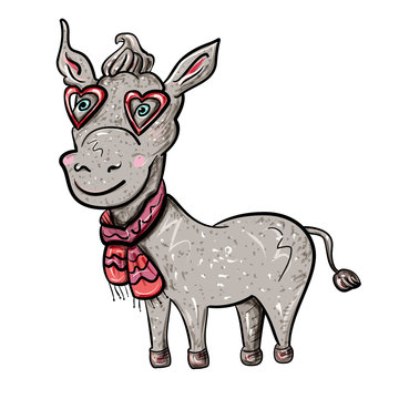 Donkey in a scarf and with glasses with hearts. Isolated on white. Valentine's Day. Feast of Love. Vector illustration. - Vector