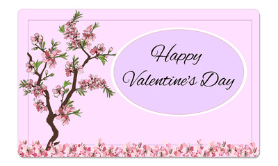 Vector beautiful flower card Happy Valentine's Day in gentle colors with sakura tree and rose petals.