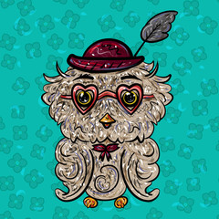 Fototapeta premium Owl in a hat with a feather and glasses with hearts. Valentine's Day. Feast of Love. Vector illustration. - Vector