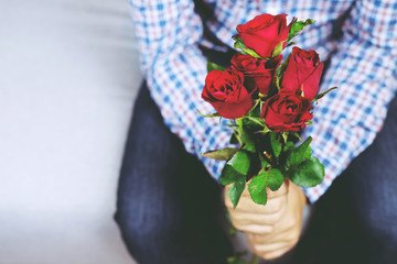 Handsome man plaid shirt sitting on sofa holds out Bouquet of beautiful with red rose flower.