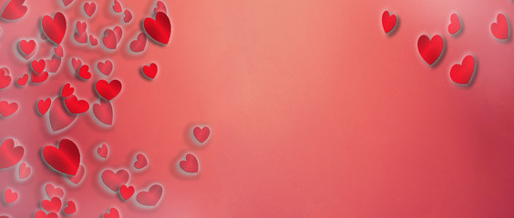 Red and pink hearts, valentines background banner with space for text,