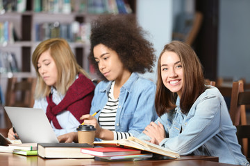 Group of students studying at table in library