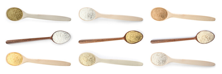 Set of different organic flour in wooden spoons on white background, top view
