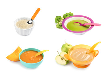 Set of bowls with healthy food for children on white background
