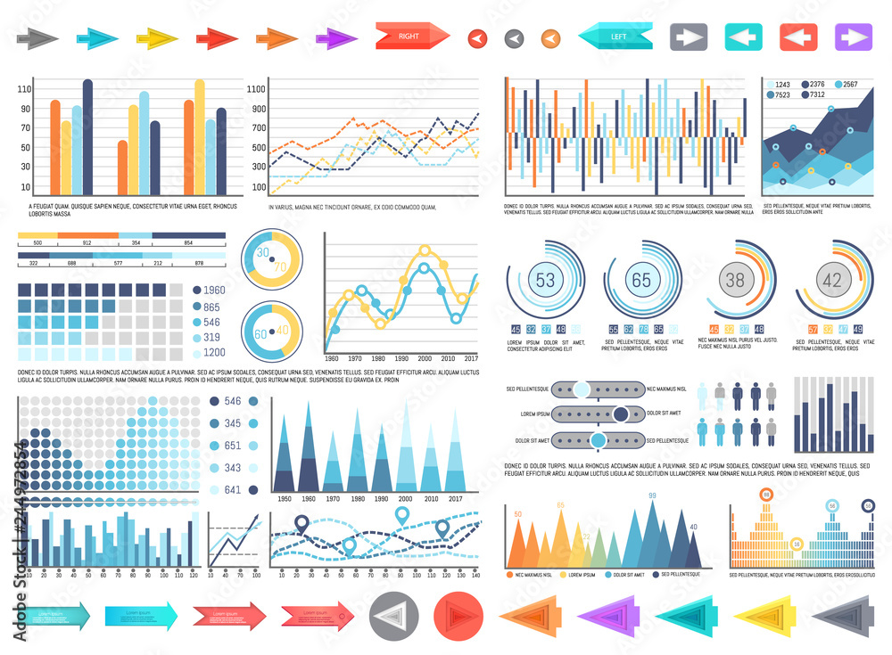 Poster charts and pie diagrams with numbers information