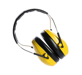 Protective headphones on white background. Safety equipment