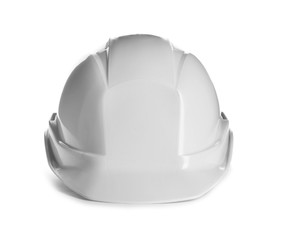 Protective hard hat on white background. Safety equipment