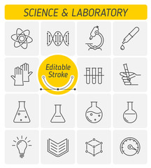 The science and laboratory outline icon set. The scientific research, science experiment, lab glassware, measuring device line symbols. The chemical lab linear vector icons with editable strokes.