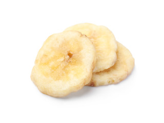 Sweet banana slices on white background. Dried fruit as healthy snack