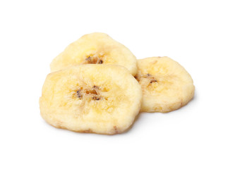 Sweet banana slices on white background. Dried fruit as healthy snack