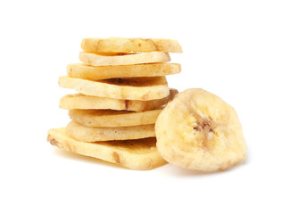 Sweet banana slices on white background. Dried fruit as healthy snack
