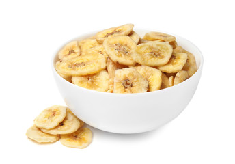 Bowl with sweet banana slices on white background. Dried fruit as healthy snack