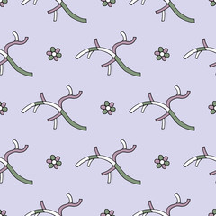 Obraz premium Abstract branches with flowers hand drawn vector seamless pattern. Spring background. Cartoon cute texture for surface design, textile, wrapping paper, wallpaper, phone case print, fabric.