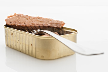 scatola di sgombri con forchetta fronte