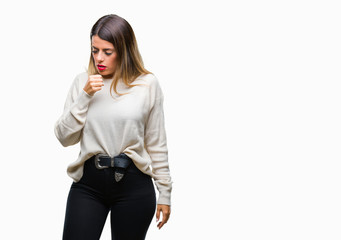 Young beautiful woman casual white sweater over isolated background feeling unwell and coughing as...
