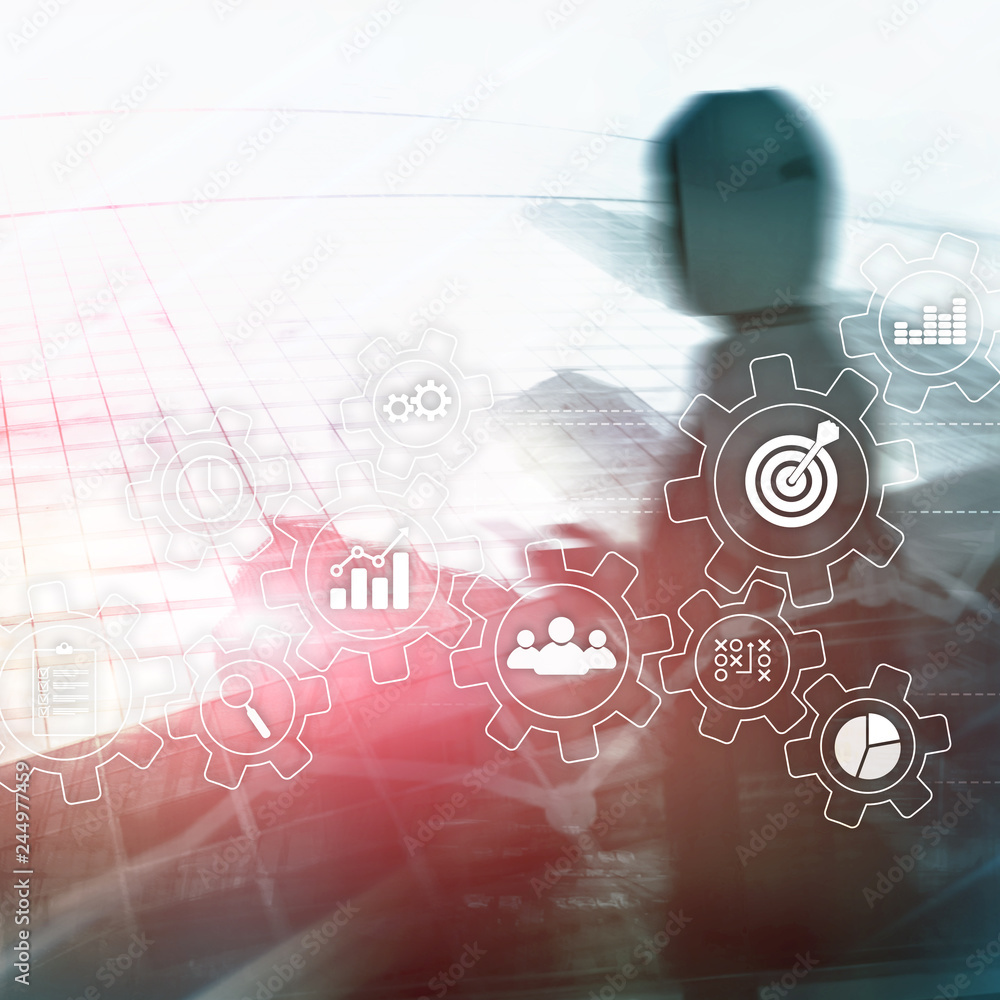 Poster business process automation concept. gears and icons on abstract background.