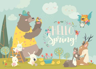 Cute animals meeting spring in the forest