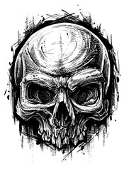 Detailed graphic hand drawn realistic black and white angry human skull. Trash polka style. On white background. Vector icon.