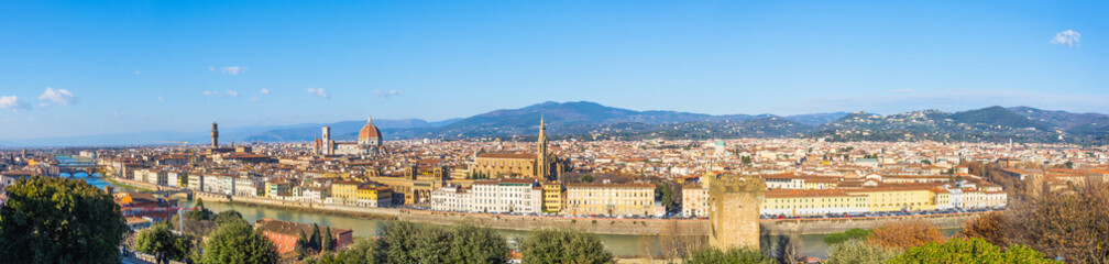 Fototapeta na wymiar Florence Italy at sunny day cityscape aerial wide view panorama.