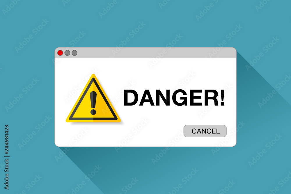 Aufkleber danger page. exclamation mark on a yellow background. error window in flat style, vector design obje