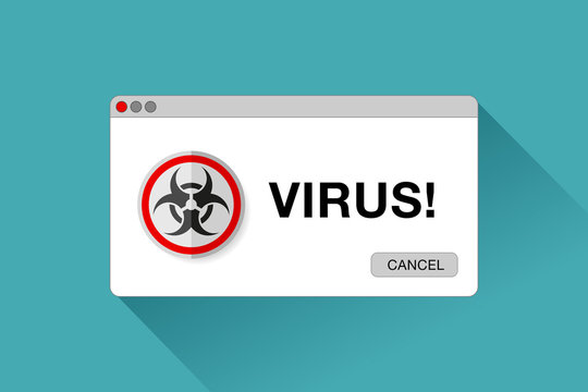 Virus alert page. Infection warning. Danger window in flat style, biological threat signs, vector design object for you projects