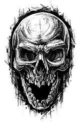 Detailed graphic hand drawn realistic black and white angry human skull with open jaw. Trash polka style. On white background. Vector icon.