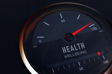 Concept for the commonality between health and wellbeing. Speedometer symbolically displays the maximum on a scale. 