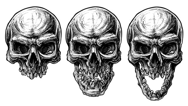 Detailed graphic hand drawn realistic black and white angry human skull with open jaw and broken teeth. Trash polka style. On white background. Vector icon set.