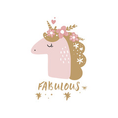 Cute hand drawn girl unicorn pastel nursery art