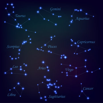 A set of zodiac constellation on a dark background, starry sky, horoscope, astrology, esotericism, prediction of the future.