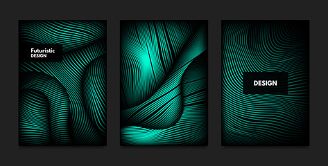 Distortion of Wavy Lines. Turquoise Abstract Backgrounds with Vibrant Gradient. Movement and Volume Effect. Futuristic Cover Templates Set for Presentation, Poster, Brochure. Distortion of 3d Shapes.