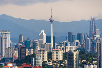 Fototapeta premium Panorama cityscape view in the middle of Kuala Lumpur city center, day time, Malaysia.