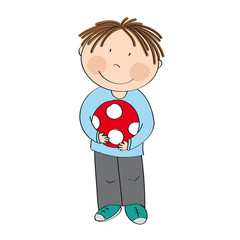 Happy cute little boy with ball - original hand drawn illustration
