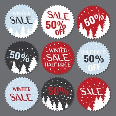 Winter sale labels, etiquettes set special season half price kit